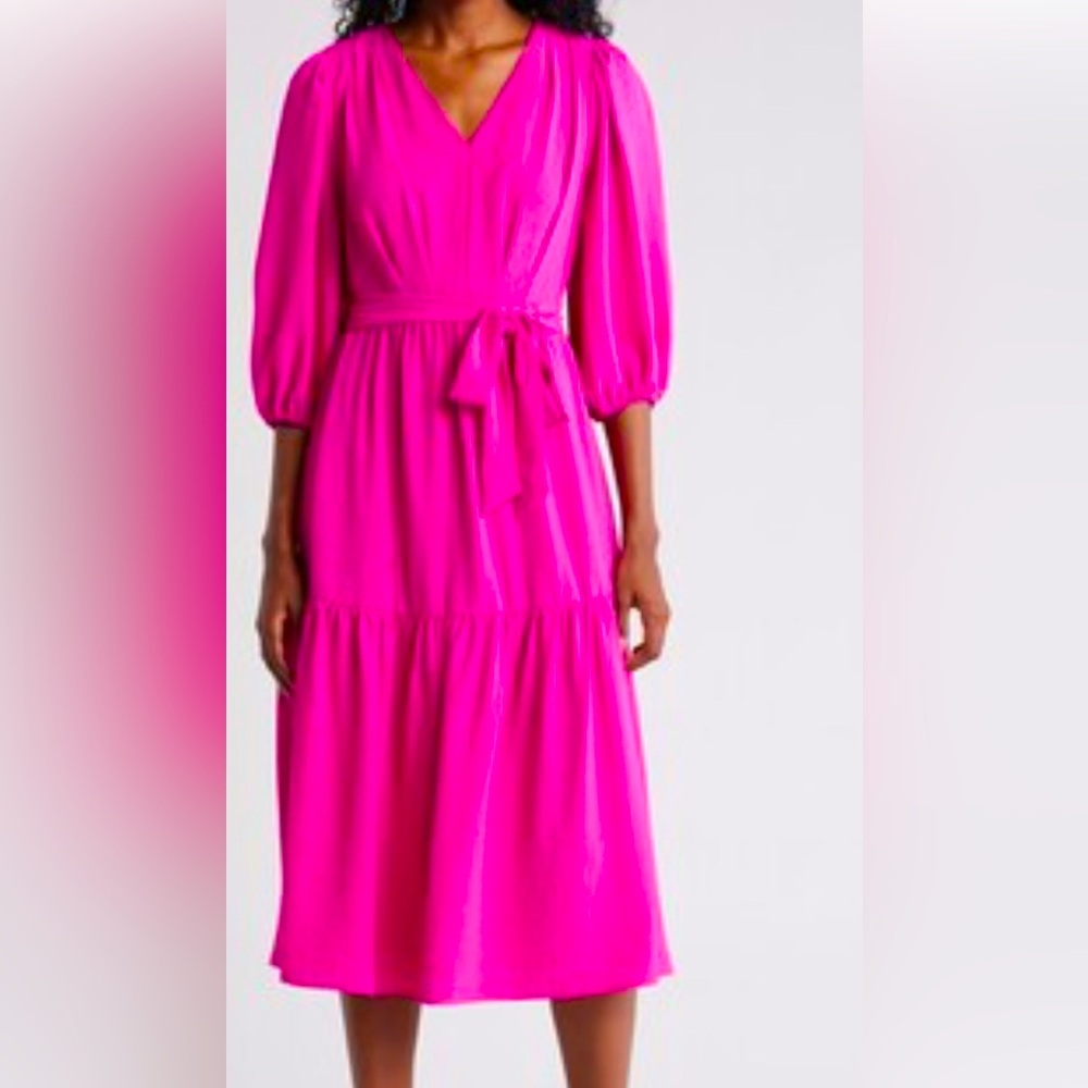 💙 DKNY Tiered Balloon Sleeve Dress Vibrant Pink Midi Dress